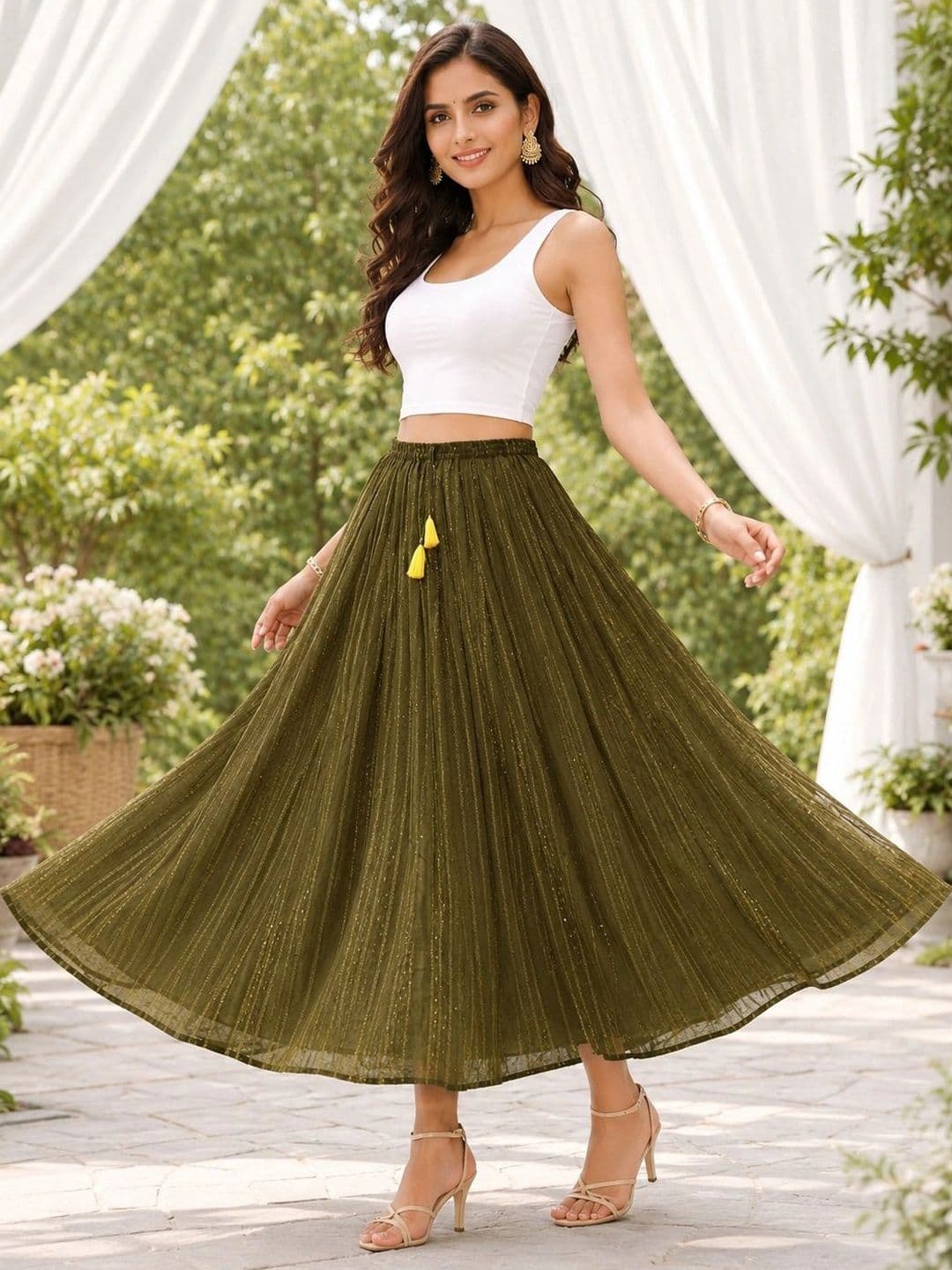 Rabhika Women Georgette Striped Tiered Midi Flared Skirt thumbnail 3