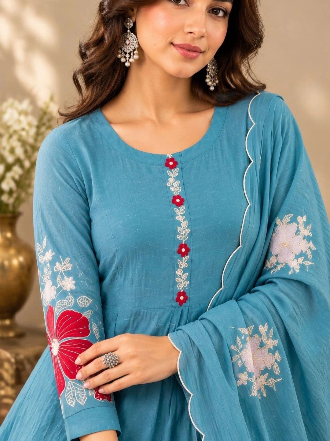 Sangria Women Floral Embroidered Regular Thread Work Kurta with Trousers & With Dupatta thumbnail 2