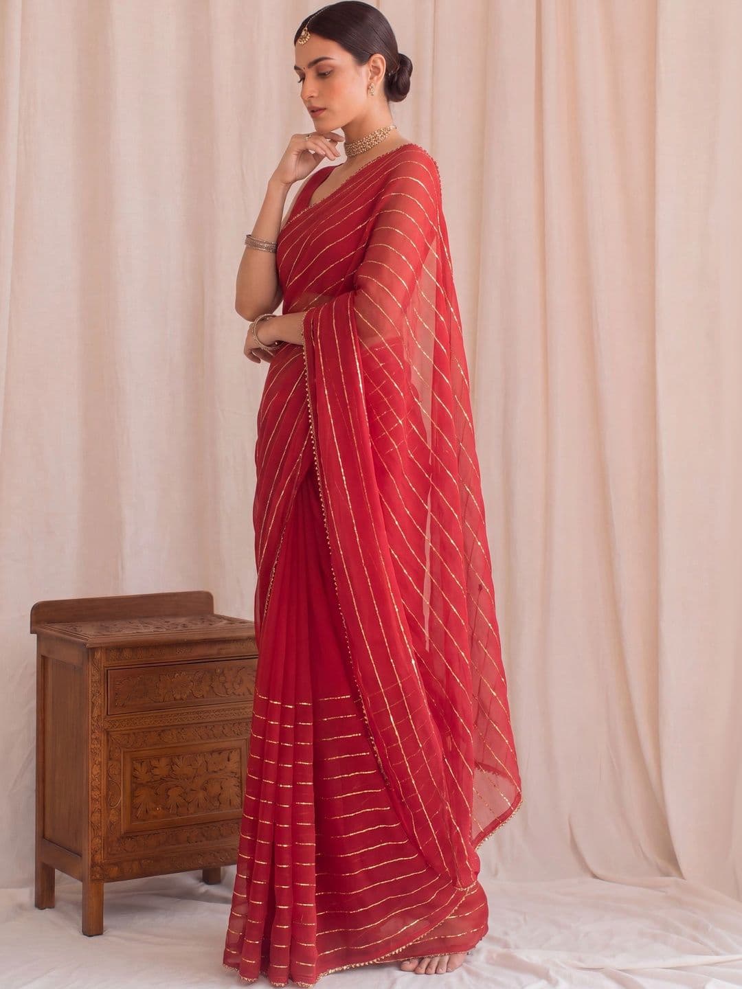 House of Pataudi Striped Zari Poly Georgette Designer Saree thumbnail 5