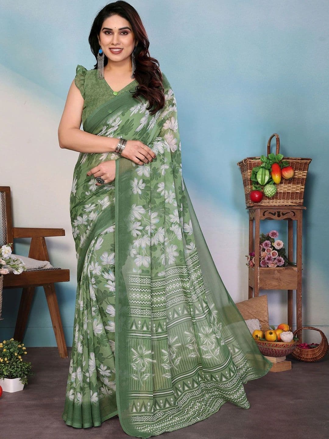 NIRVAAN Floral Poly Georgette Saree - view 1