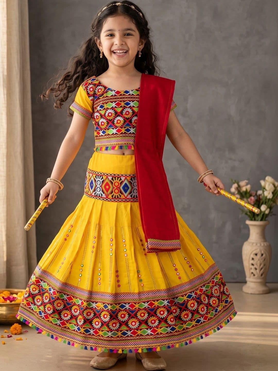 ahhaaaa Girls Embroidered Mirror Work Ready to Wear Lehenga & Blouse With Dupatta thumbnail 3
