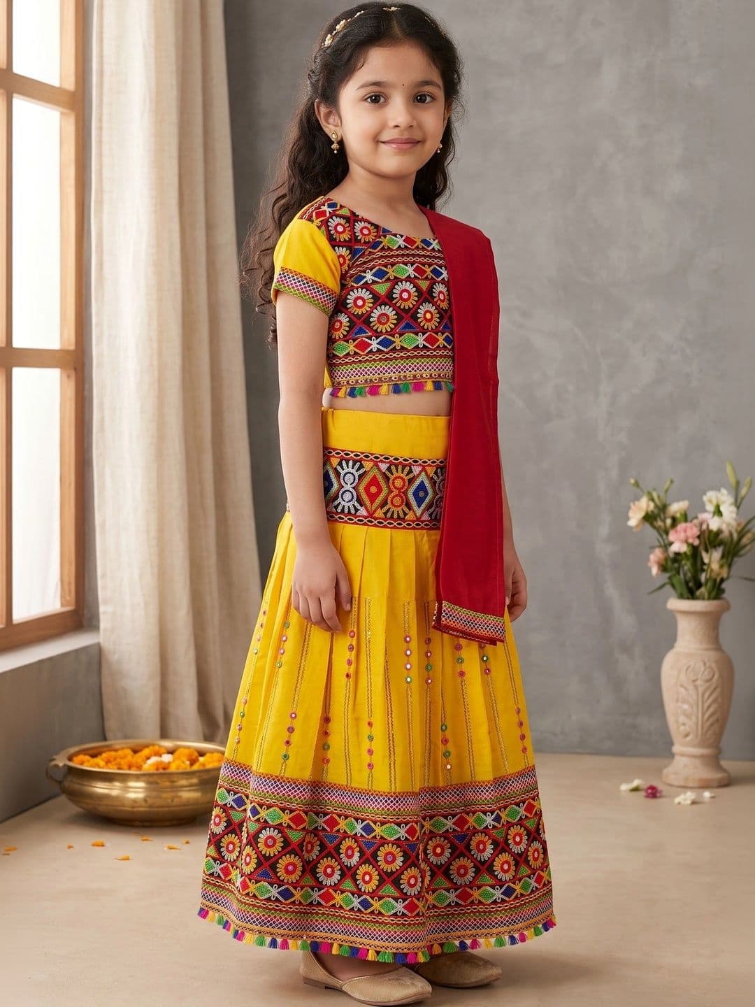 ahhaaaa Girls Embroidered Mirror Work Ready to Wear Lehenga & Blouse With Dupatta thumbnail 4