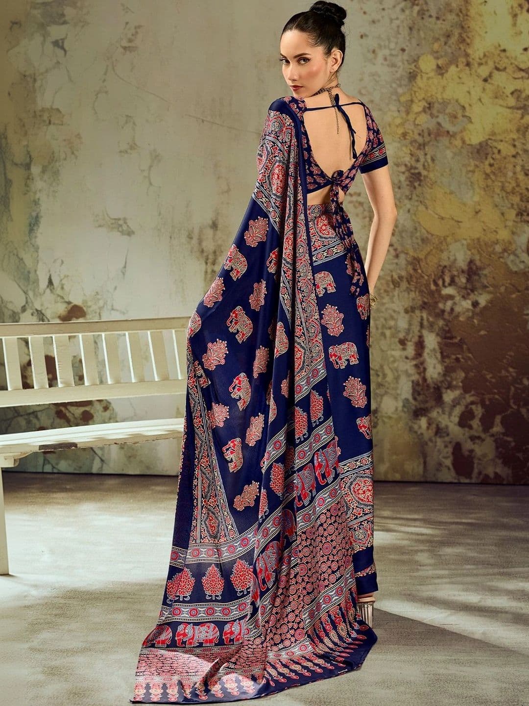 Sangria Ajrak Block Satin Designer Block Print Saree thumbnail 6
