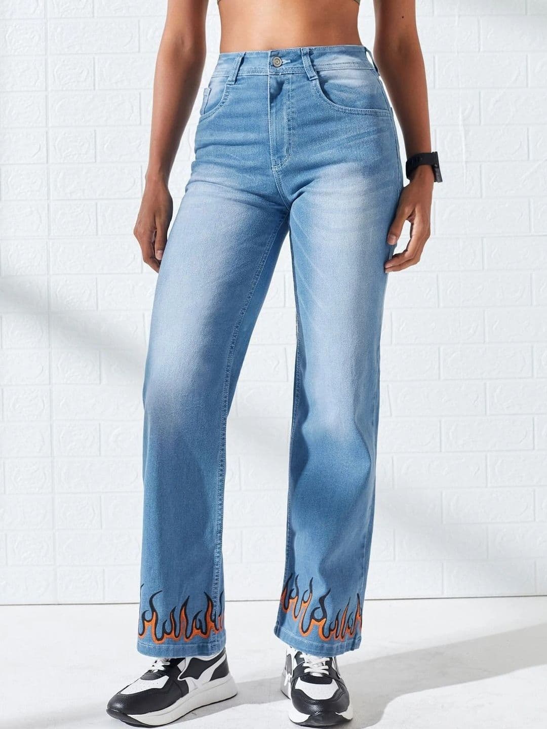 DOLCE CRUDO Women Straight Fit Mid-Rise Light Fade Embroidered Stretchable Jeans - view 1