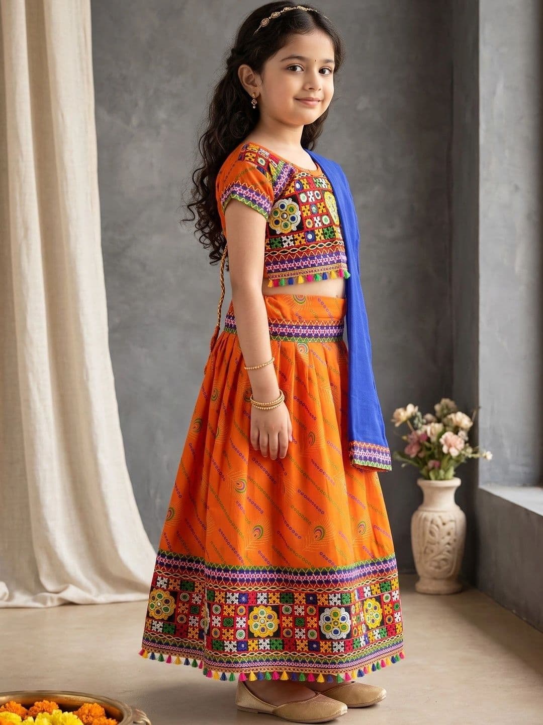 ahhaaaa Girls Embellished Mirror Work Ready to Wear Lehenga & Blouse With Dupatta thumbnail 4