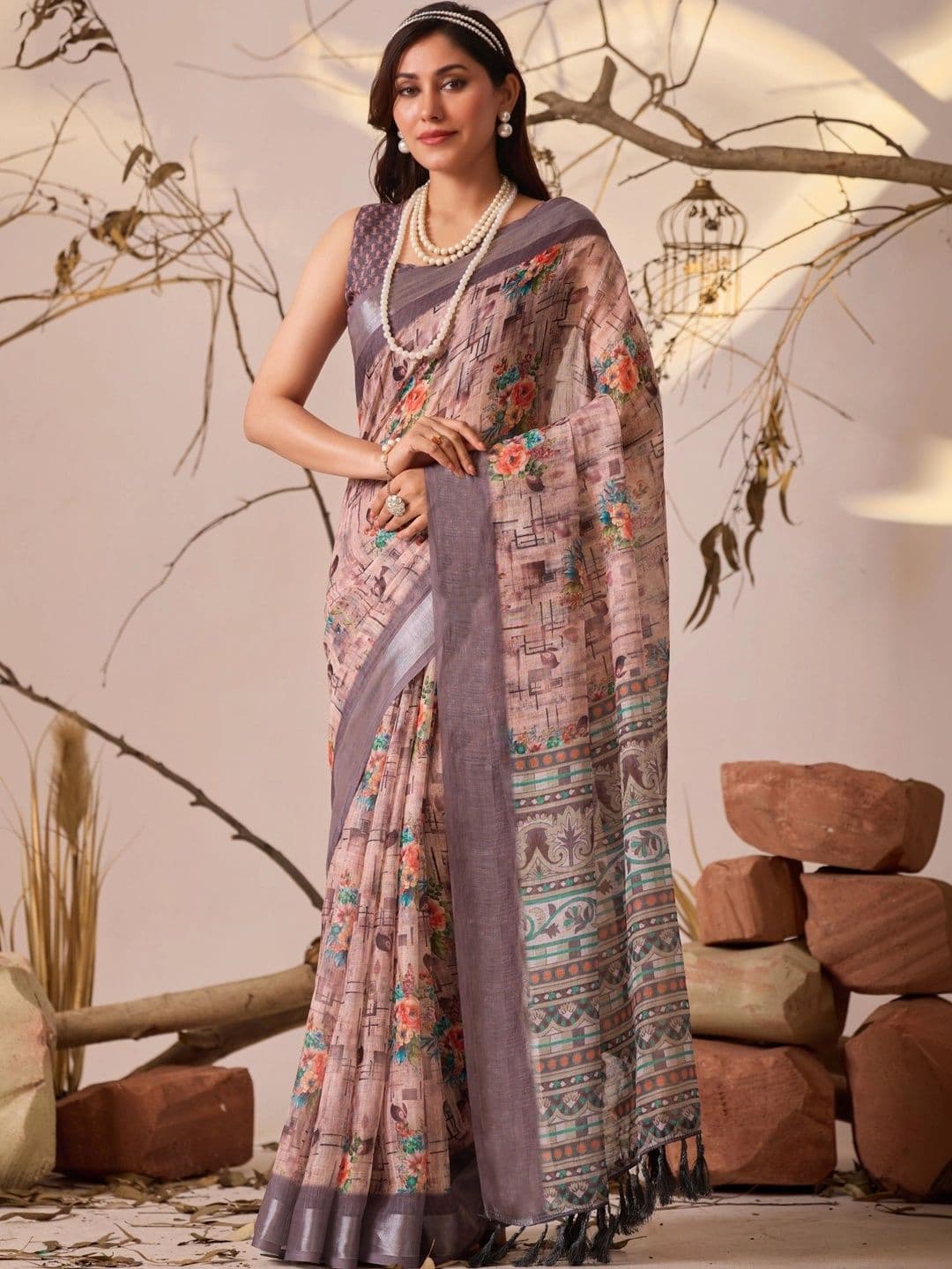 Moda Rapido Floral Linen Blend Designer Patola Saree - view 1