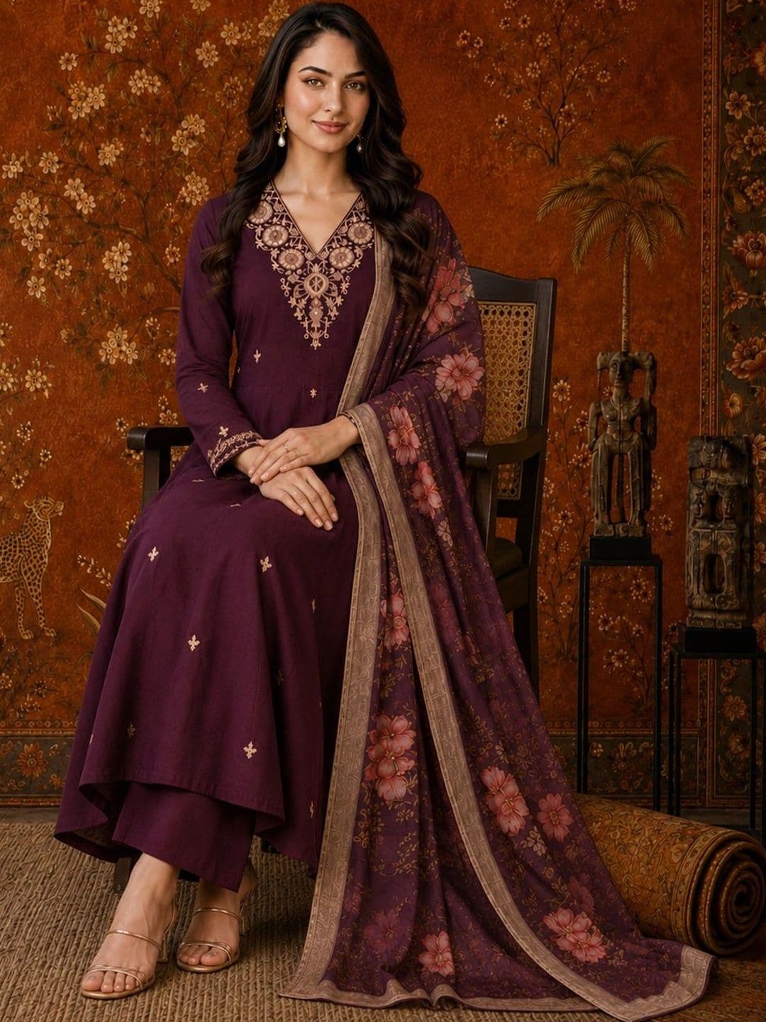 Sangria Ethnic Motifs Embroidered Thread Work A-Line Kurta with Trousers & Dupatta thumbnail 2