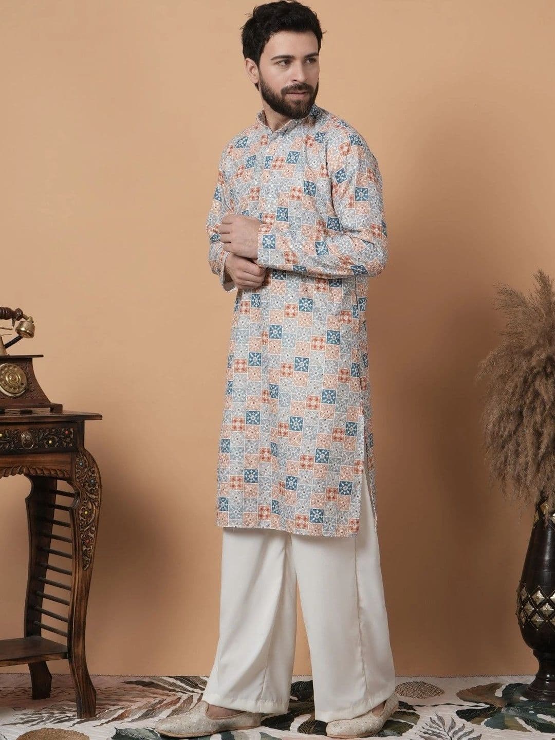 SHROBH Men Geometric Printed Khadi Kurta thumbnail 2