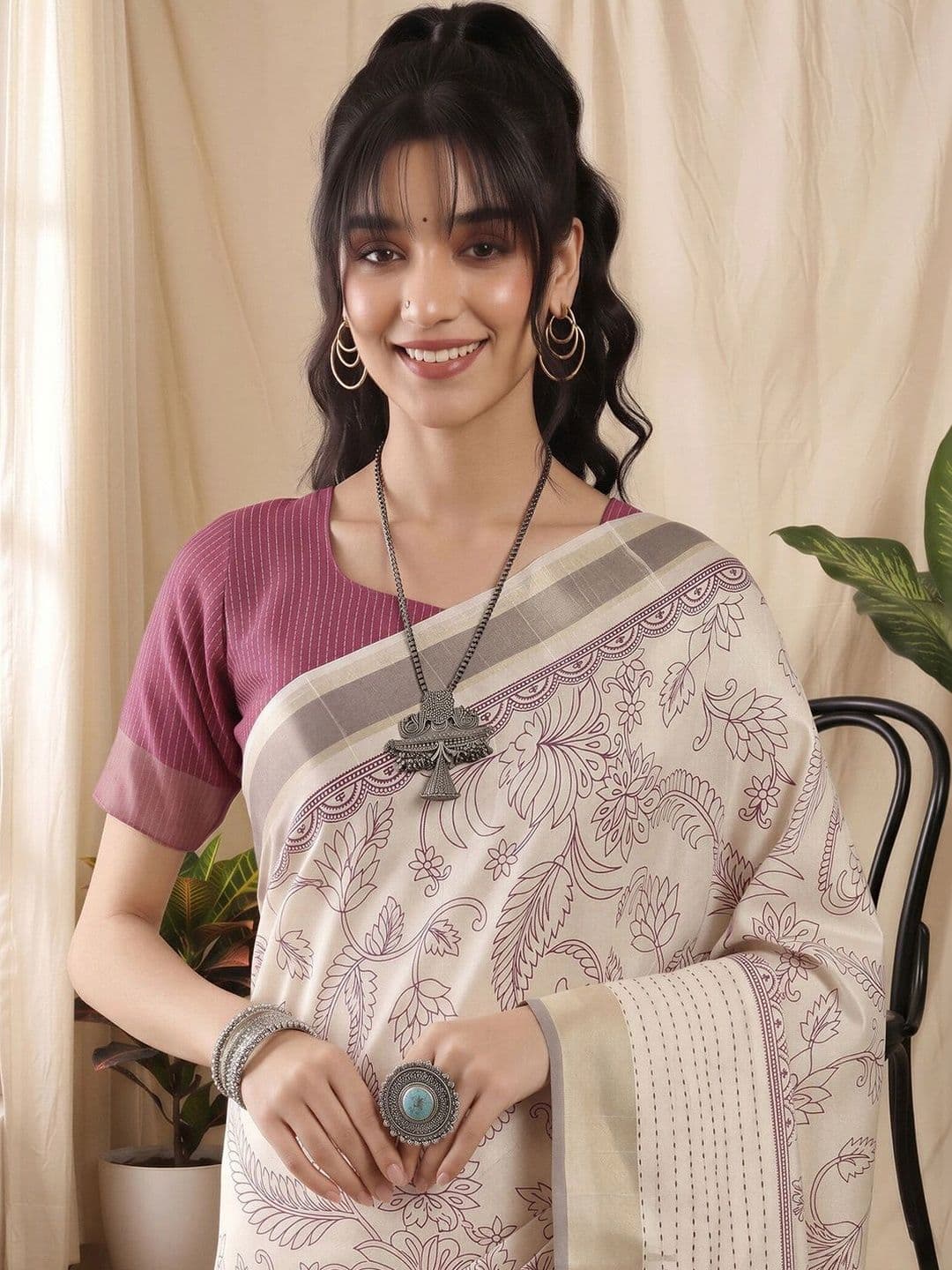 Anouk Floral Silk Cotton Designer Chanderi Saree thumbnail 2
