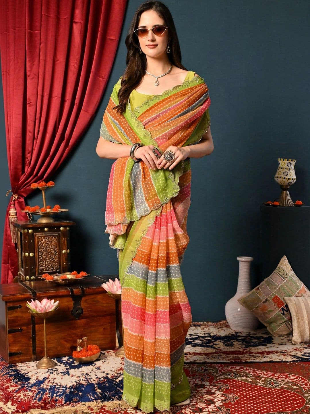 all about you Bandhani Beads and Stones Poly Chiffon Saree - view 1
