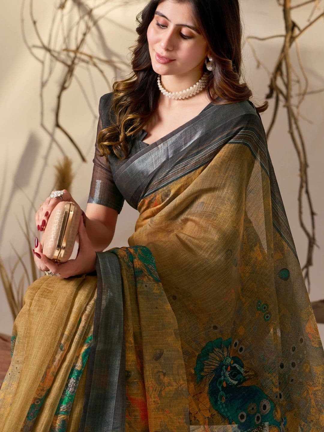 Moda Rapido Floral Zari Linen Blend Designer Saree thumbnail 3