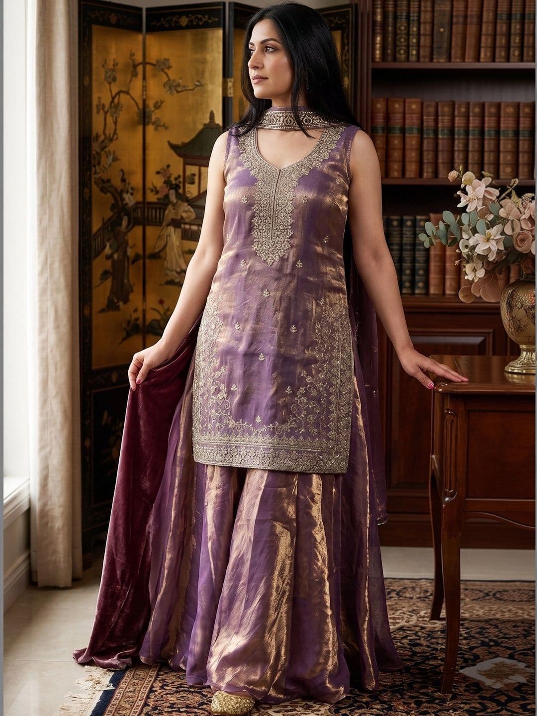 HERE&NOW Women Ethnic Motifs Embroidered Regular Kurta with Sharara & With Dupatta thumbnail 4