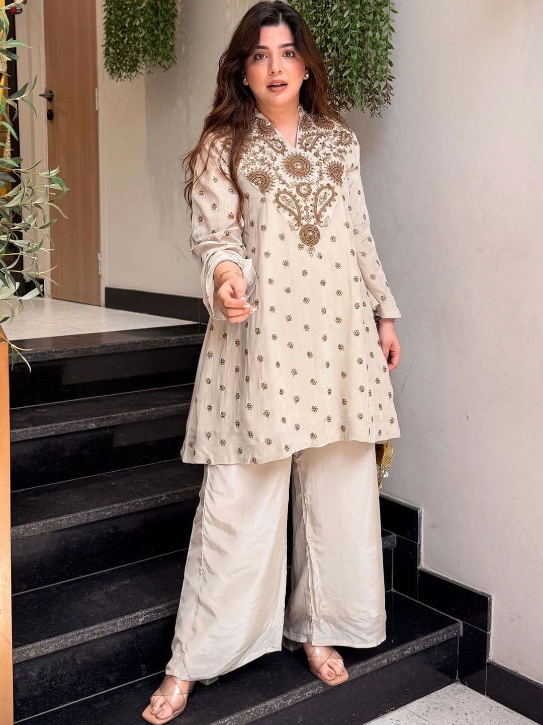 all about you Women Ethnic Motifs Embroidered Regular Sequinned Silk Crepe Kurta with Palazzos - view 1