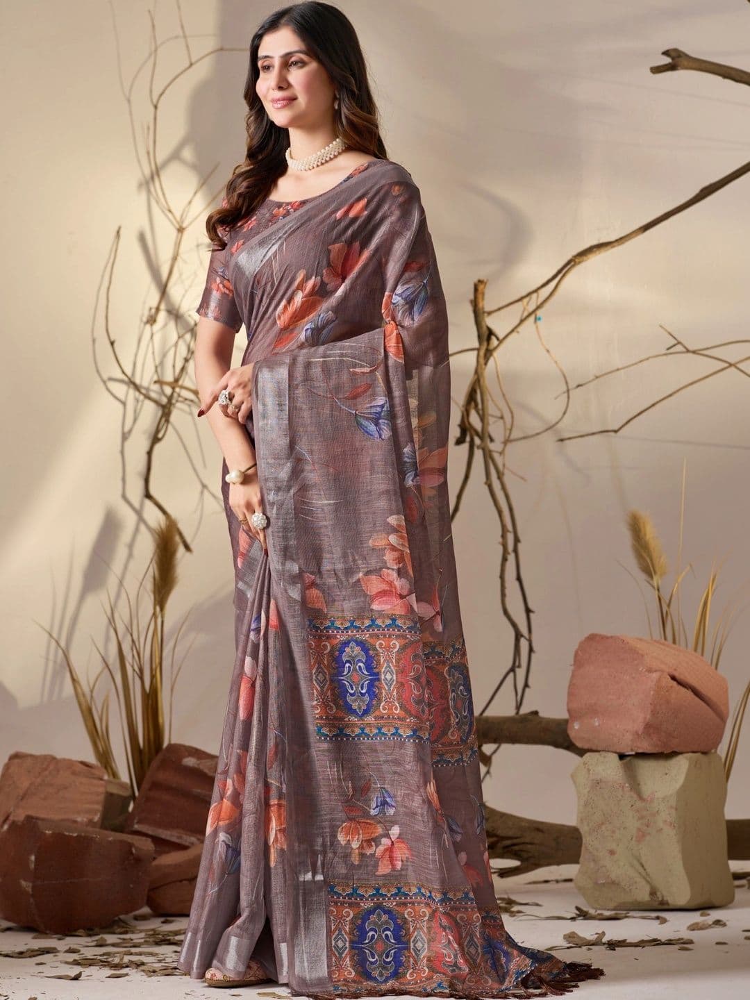Moda Rapido Floral Zari Linen Blend Designer Saree thumbnail 7