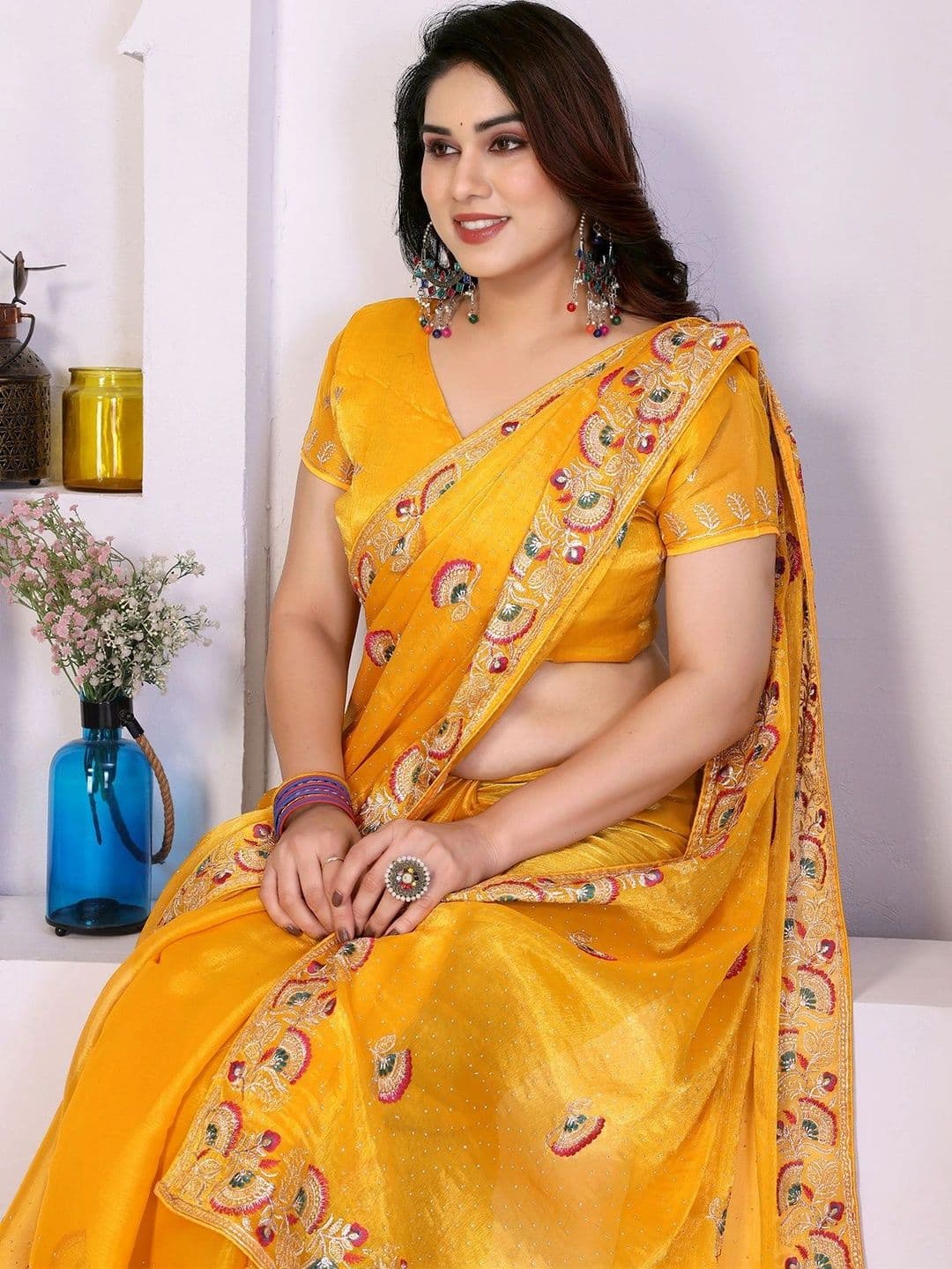 priyashi Floral Embroidered Satin Heavy Work Saree thumbnail 4