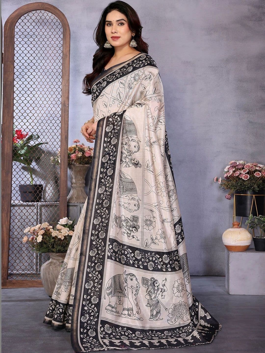 ANIRAV Kalamkari Linen Blend Saree thumbnail 3