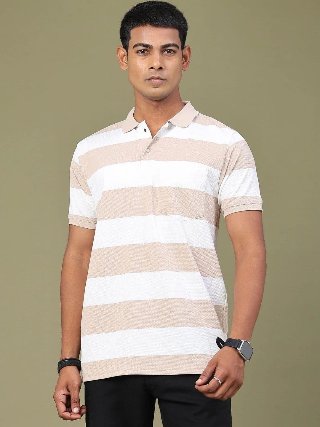 V-Mart Men Striped Polo Collar Pockets Slim Fit T-shirt thumbnail 2