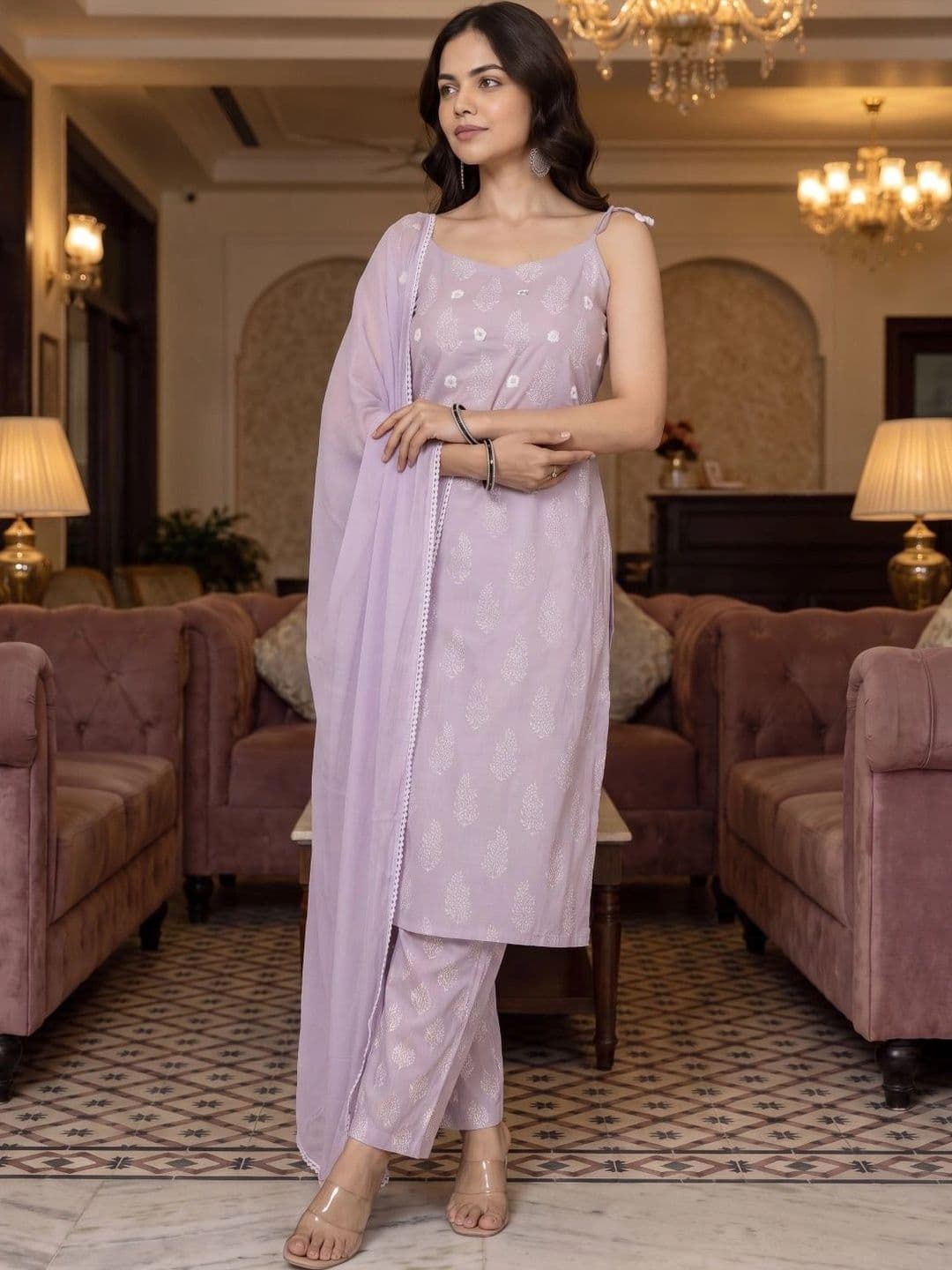 BrownEra Women Ethnic Motifs Printed Regular Mirror Work Kurta with Trousers & With Dupatta thumbnail 6