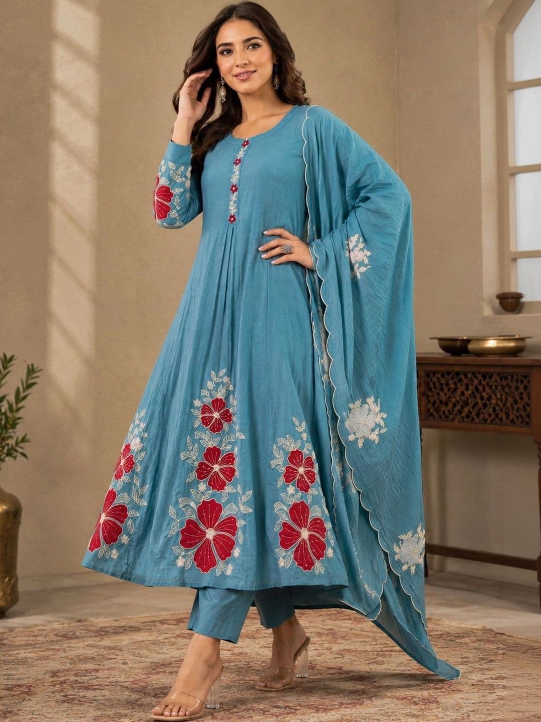 Sangria Women Floral Embroidered Regular Thread Work Kurta with Trousers & With Dupatta thumbnail 4