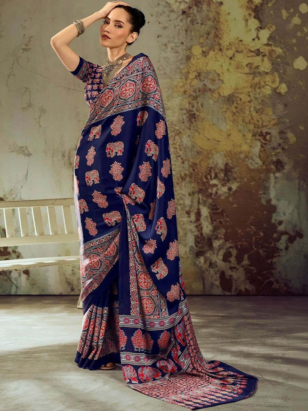 Sangria Ajrak Block Satin Designer Block Print Saree - view 1