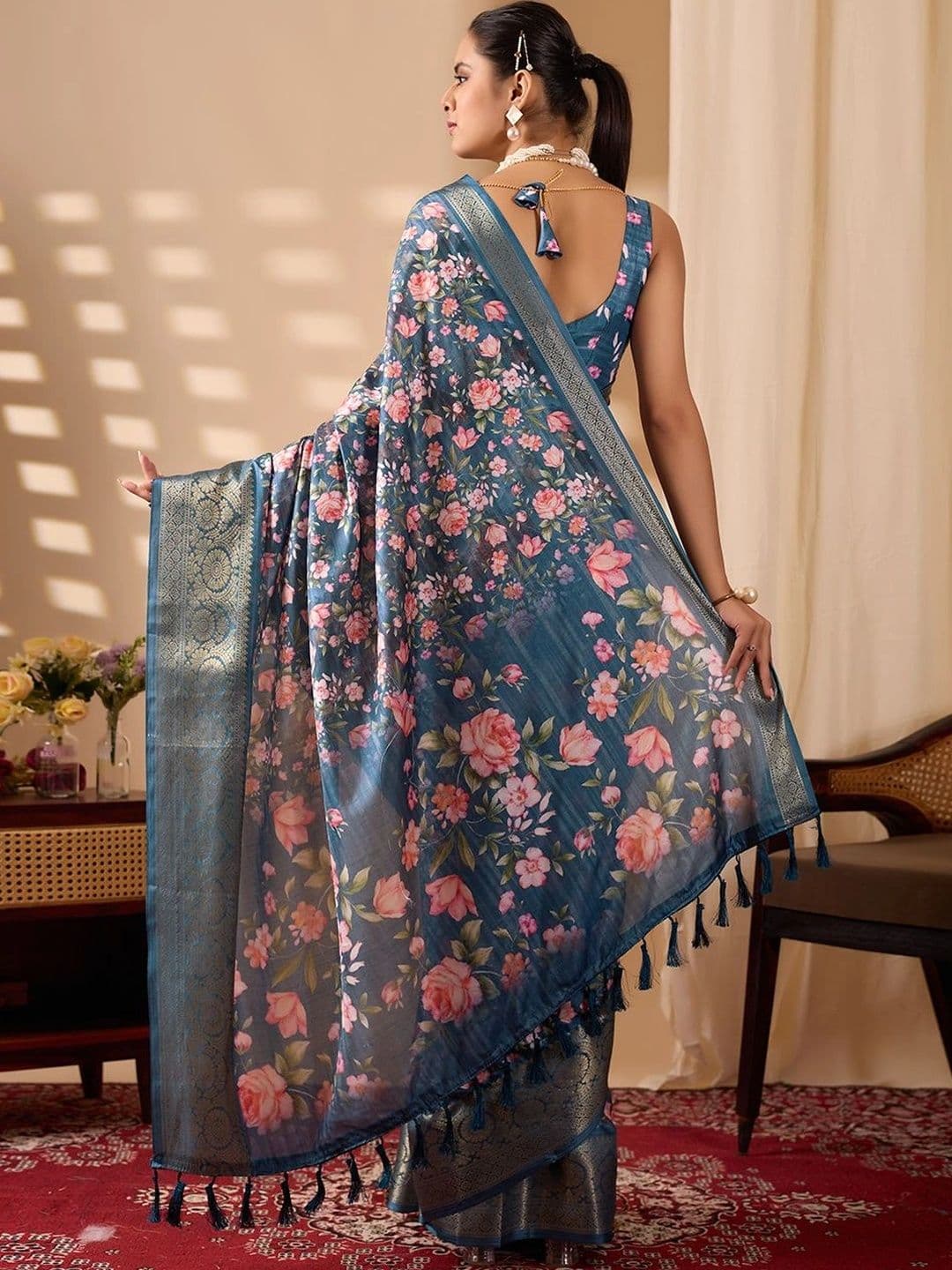 Moda Rapido Floral Zari Silk Blend Designer Saree thumbnail 3