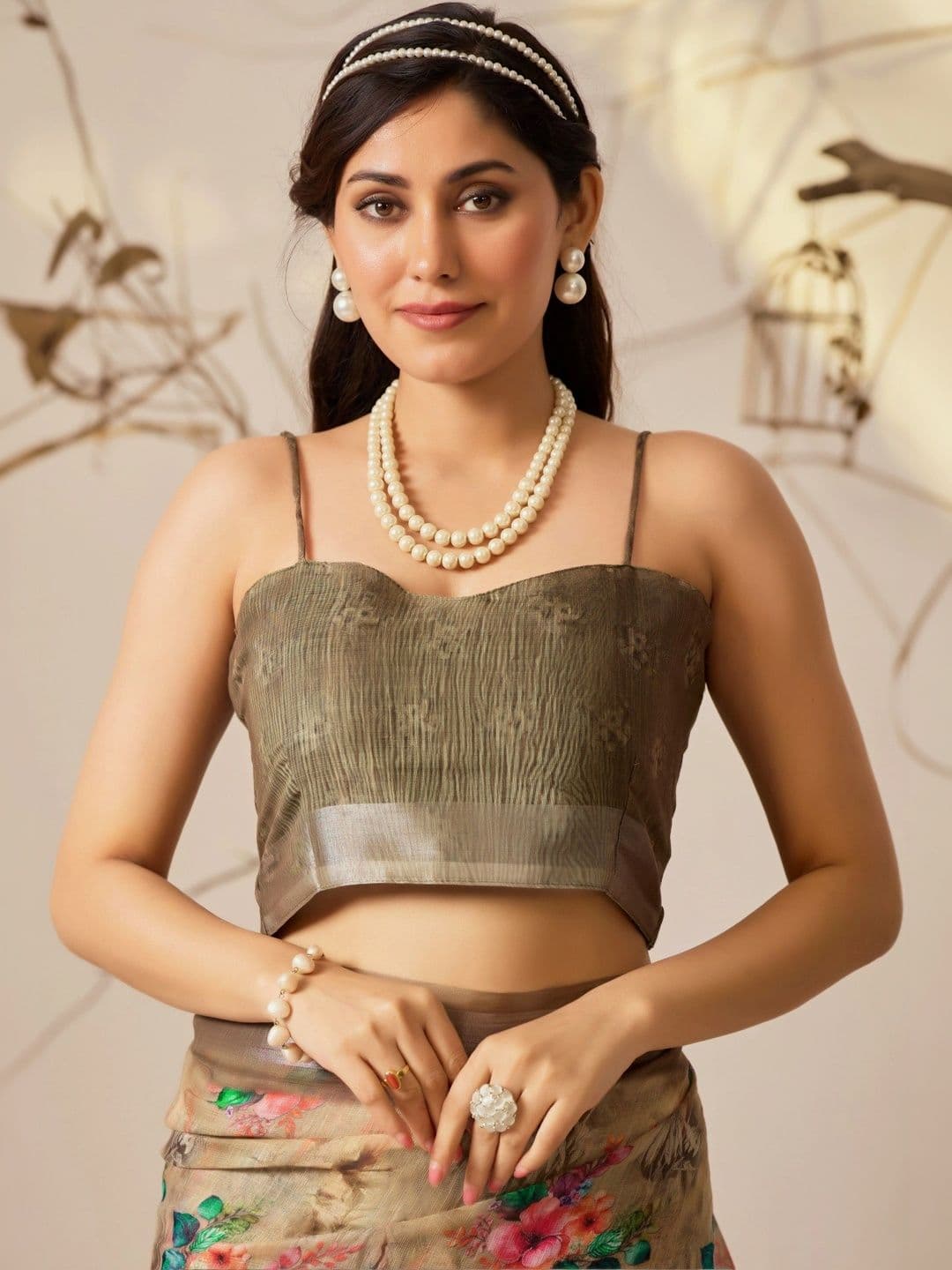 Moda Rapido Floral Zari Linen Blend Designer Saree thumbnail 3