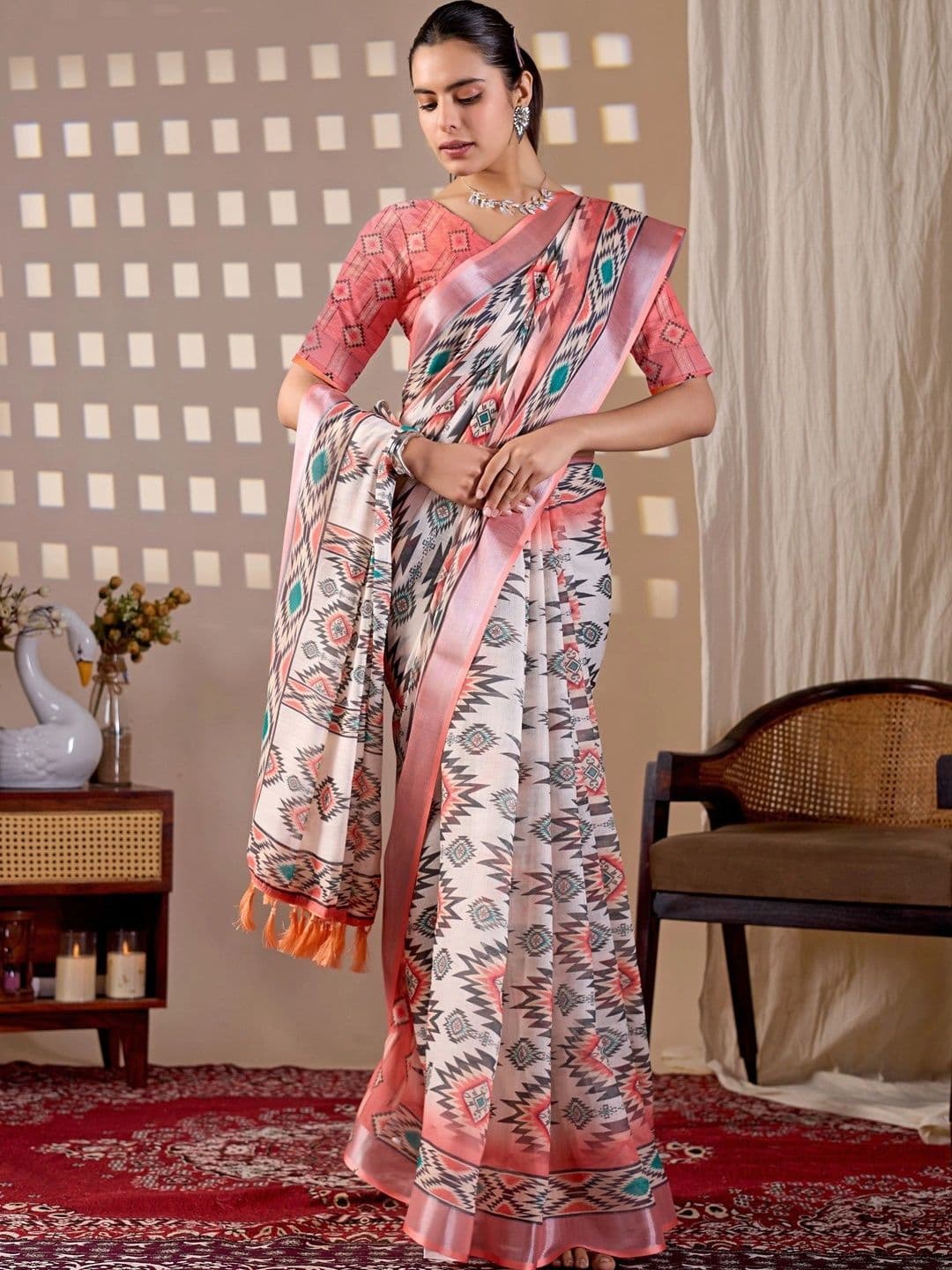 Moda Rapido Ethnic Motifs Zari Linen Blend Designer Saree thumbnail 2