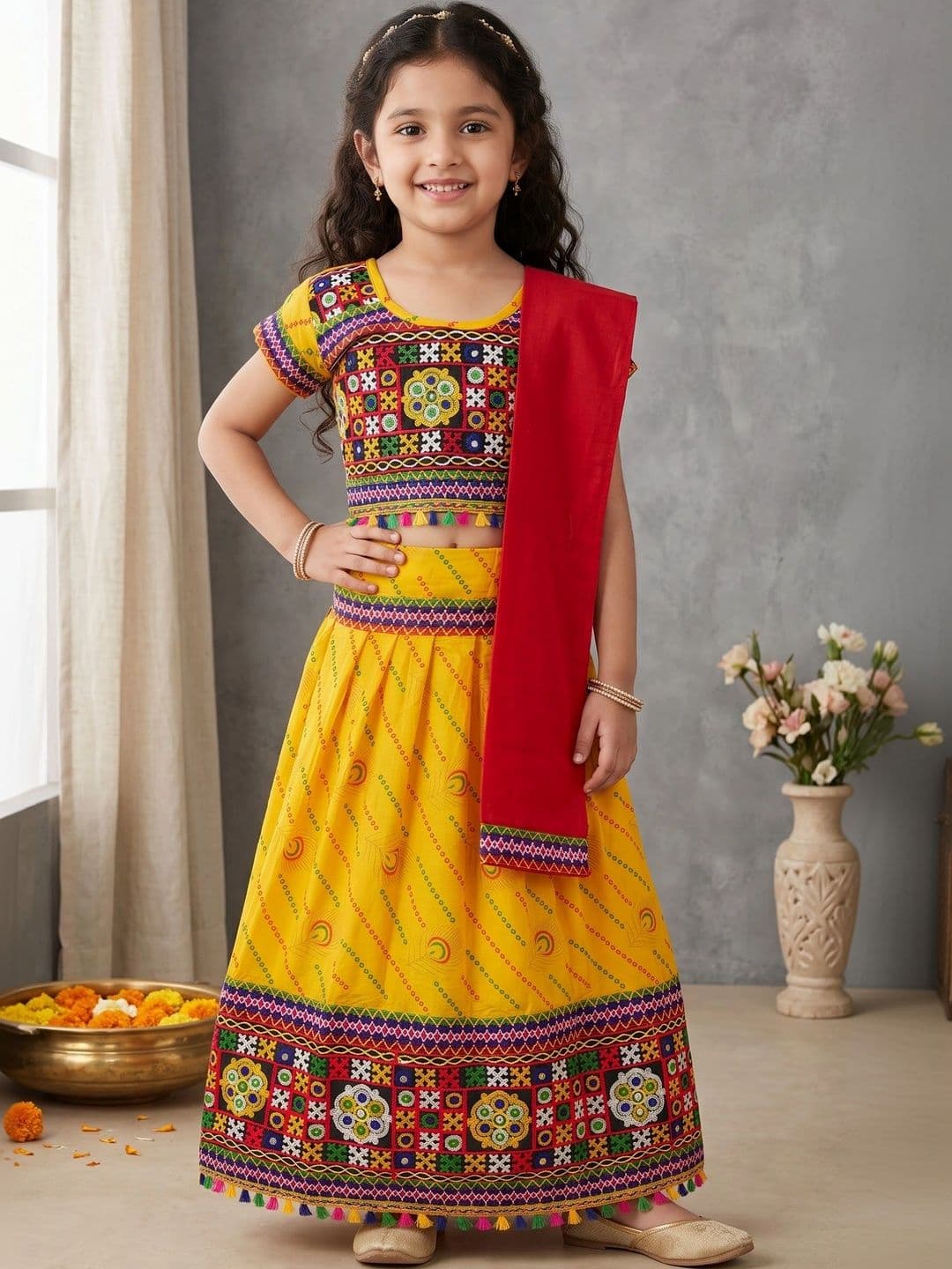 ahhaaaa Girls Embroidered Thread Work Ready to Wear Lehenga & Blouse With Dupatta - view 1