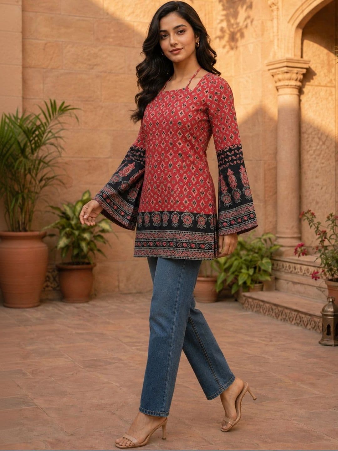 Sun Fashion And Lifestyle Women Ethnic Motifs Printed Bell Sleeves Kurta thumbnail 2