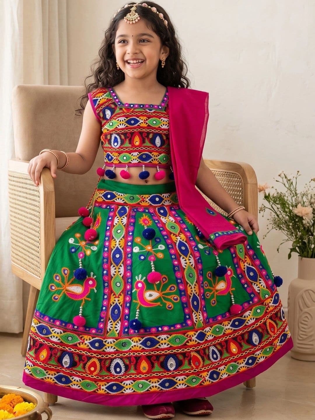 ahhaaaa Girls Embellished Mirror Work Ready to Wear Lehenga & Blouse With Dupatta thumbnail 2