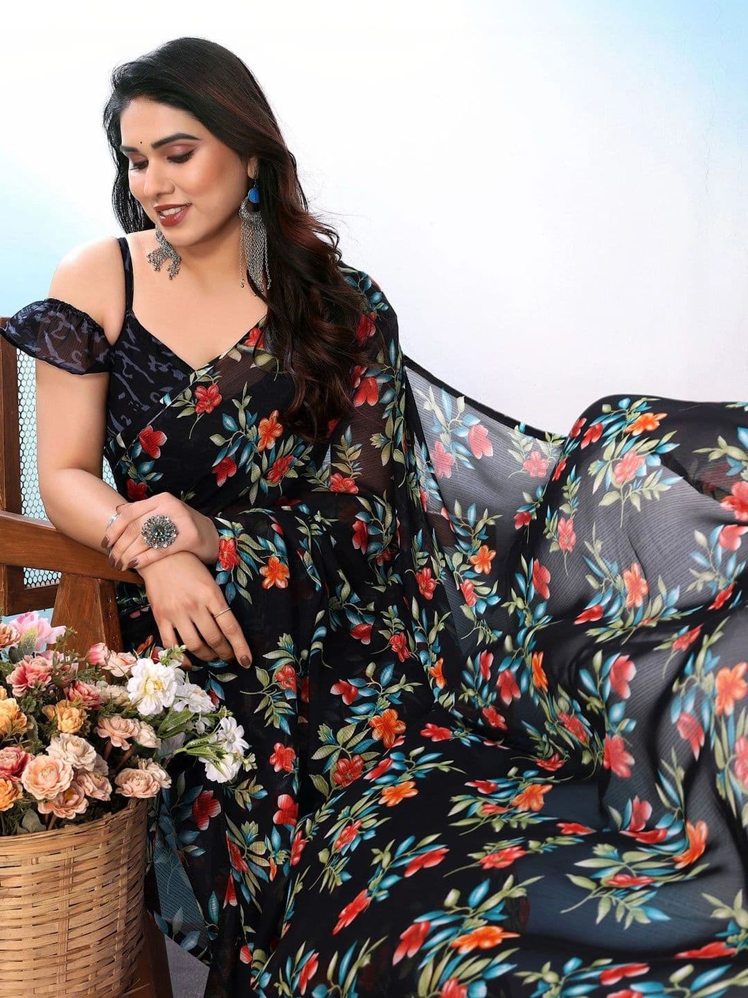 NIRVAAN Floral Pure Georgette Saree thumbnail 2