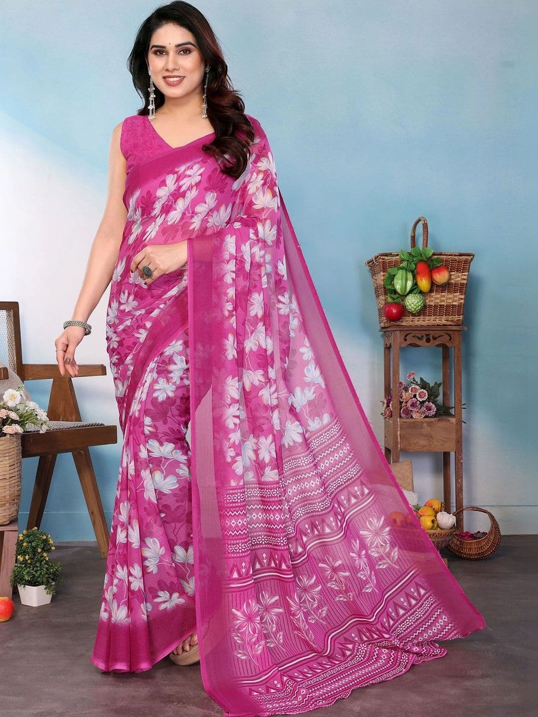JANOI Floral Poly Georgette Saree - view 1