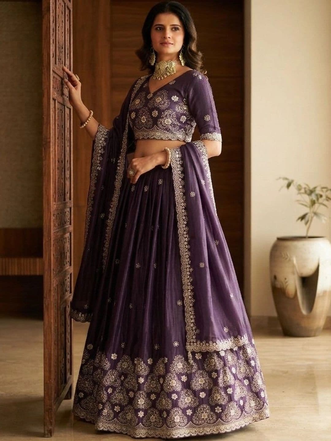 HERE&NOW Embroidered Thread Work Semi-Stitched Lehenga & Blouse With Dupatta thumbnail 2