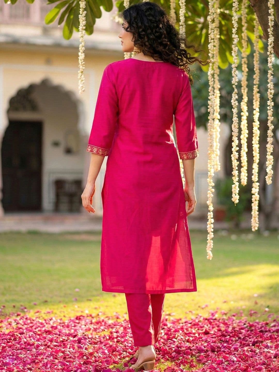 SHRI VANYA CREATION Women Ethnic Motifs Embroidered Regular Chanderi Silk Kurta with Trousers & With Dupatta thumbnail 4