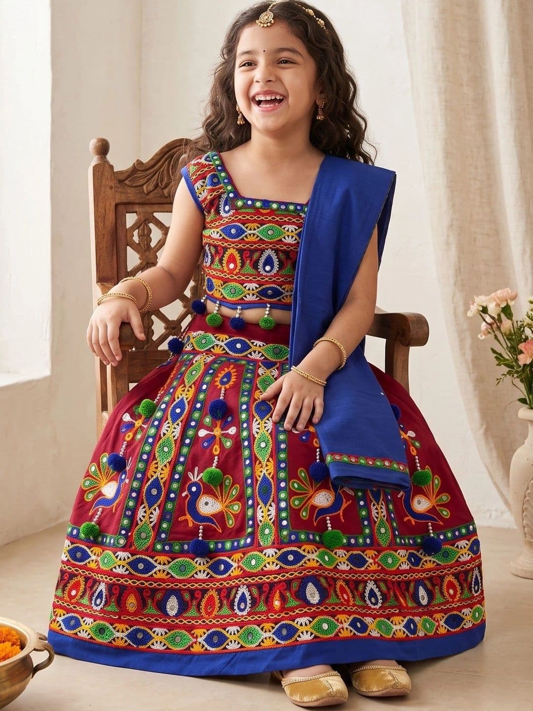 ahhaaaa Girls Embellished Mirror Work Ready to Wear Lehenga & Blouse With Dupatta thumbnail 4