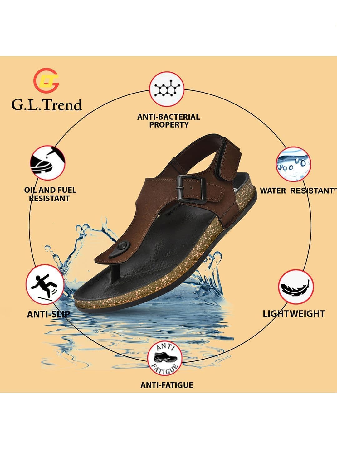 G L Trend Men Casual Iightweight Brown T Strap Velcro Sandals thumbnail 4