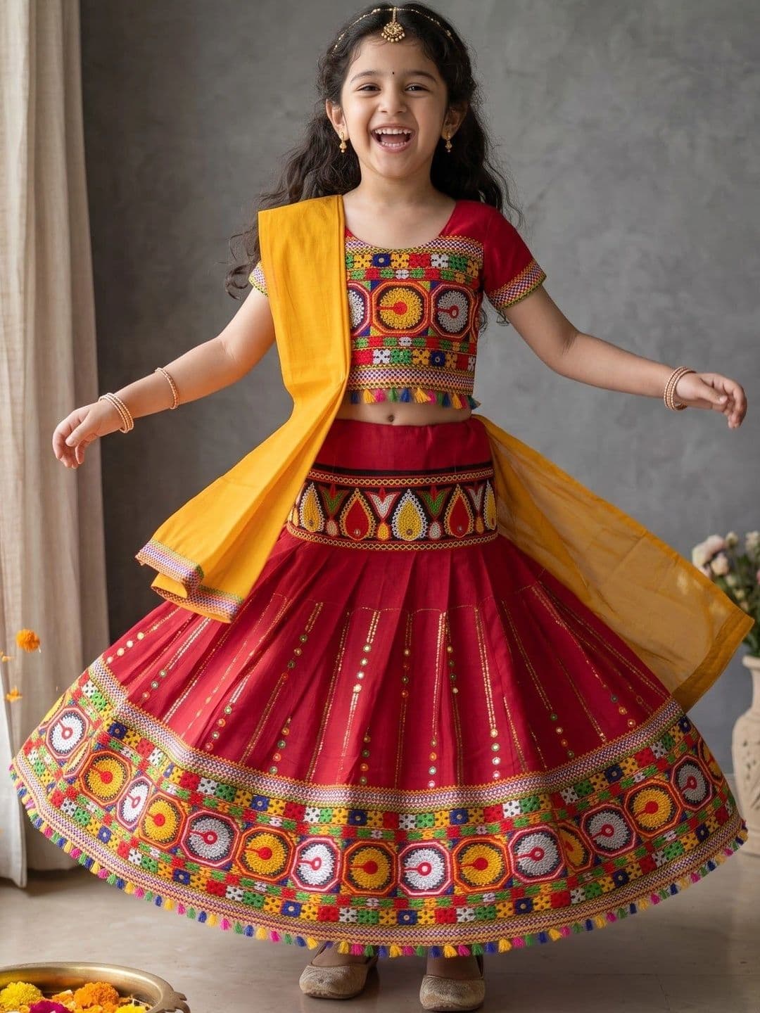 ahhaaaa Girls Embroidered Mirror Work Ready to Wear Lehenga & Blouse With Dupatta thumbnail 6