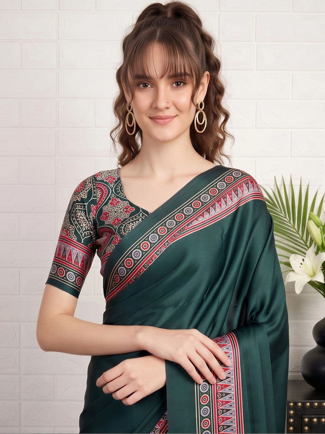 Anouk Kalamkari Satin Designer Block Print Saree thumbnail 3