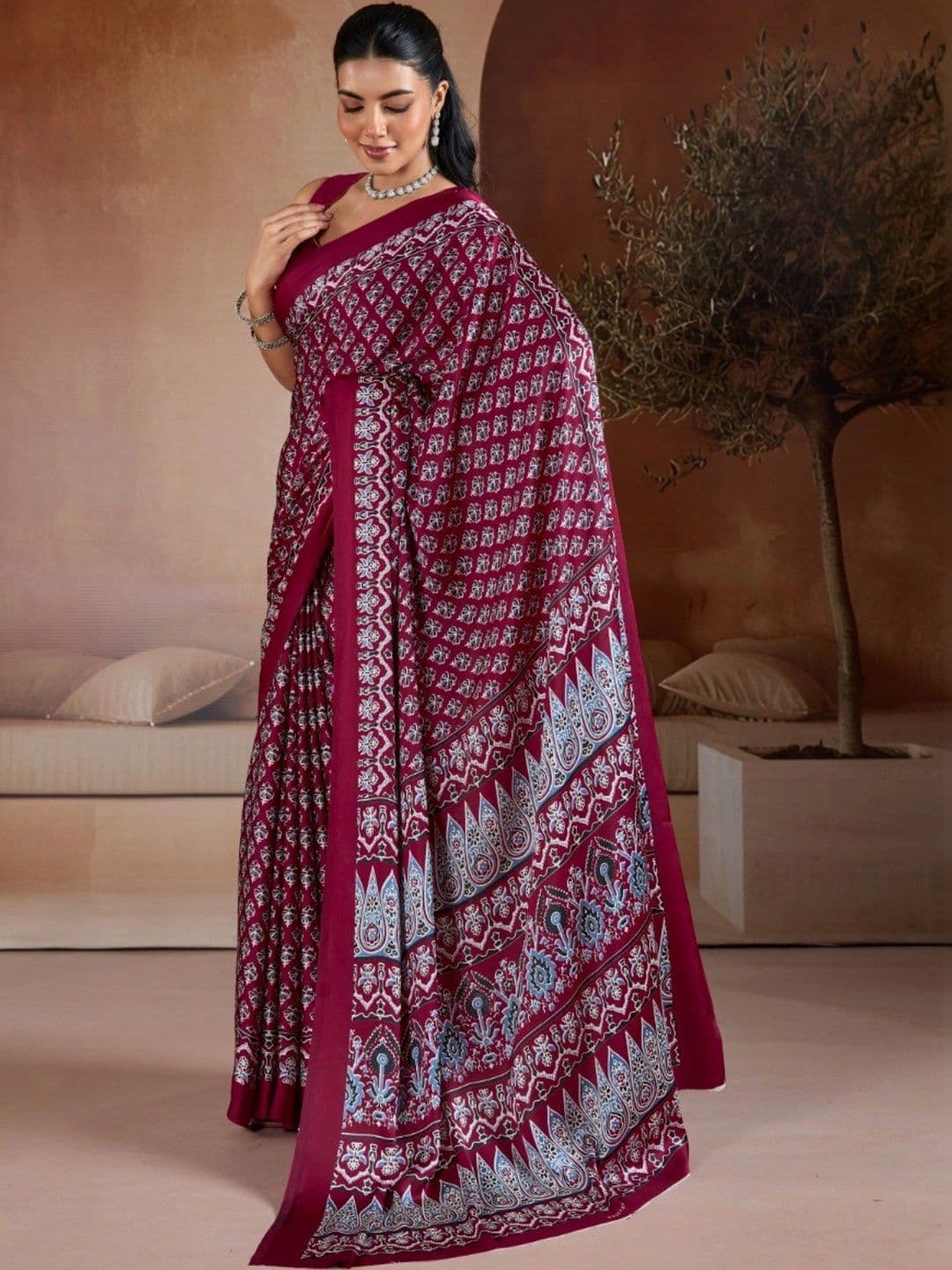 Moda Rapido Ajrak Block Satin Designer Saree thumbnail 5