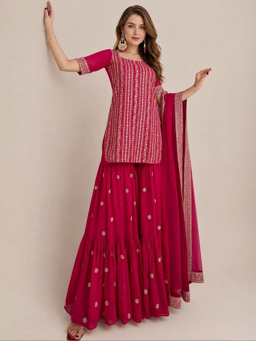 KALINI Women Ethnic Motifs Embroidered Silk Georgette Kurta with Sharara With Dupatta - view 1