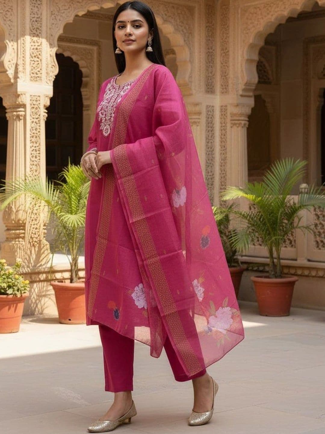 Komurr Women Ethnic Motifs Embroidered Regular Thread Work Kurta with Trousers & With Dupatta thumbnail 5