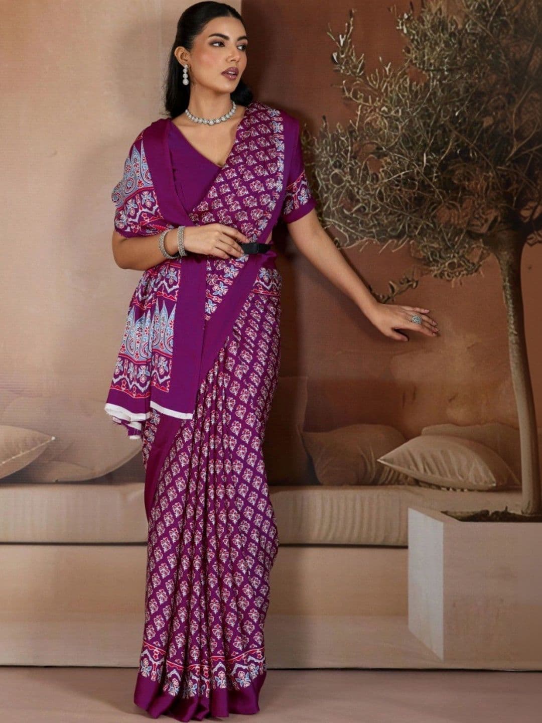 Moda Rapido Ajrak Block Satin Designer Saree thumbnail 6