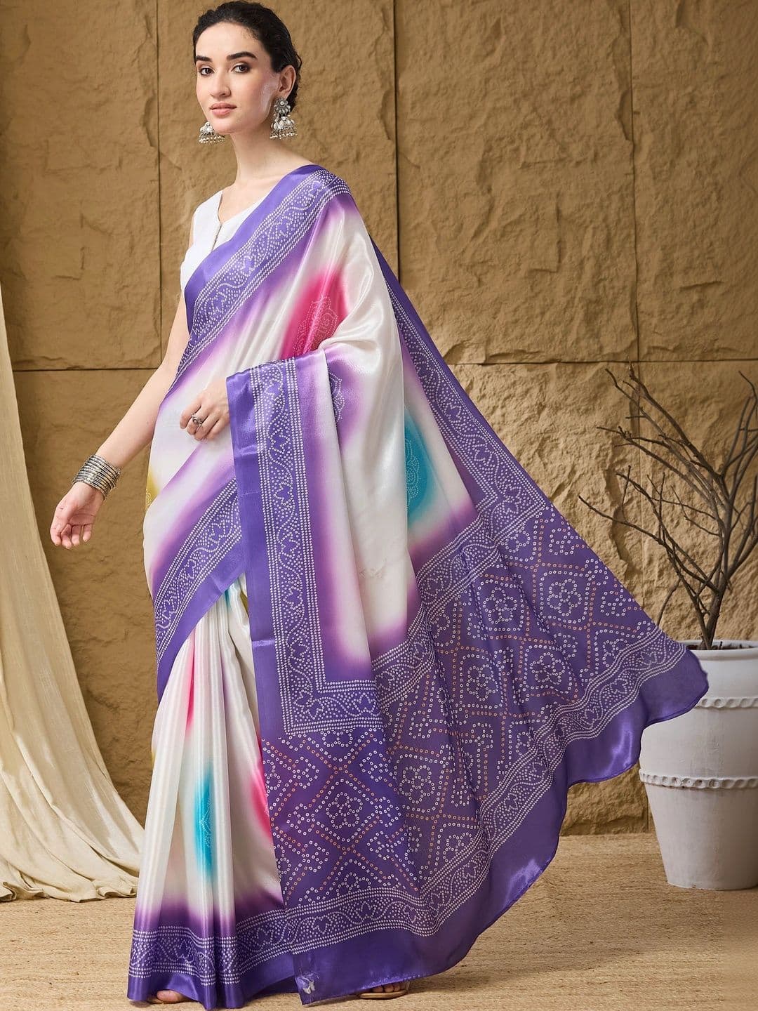 RACHNA Bandhani Satin Designer Ikat Saree thumbnail 3