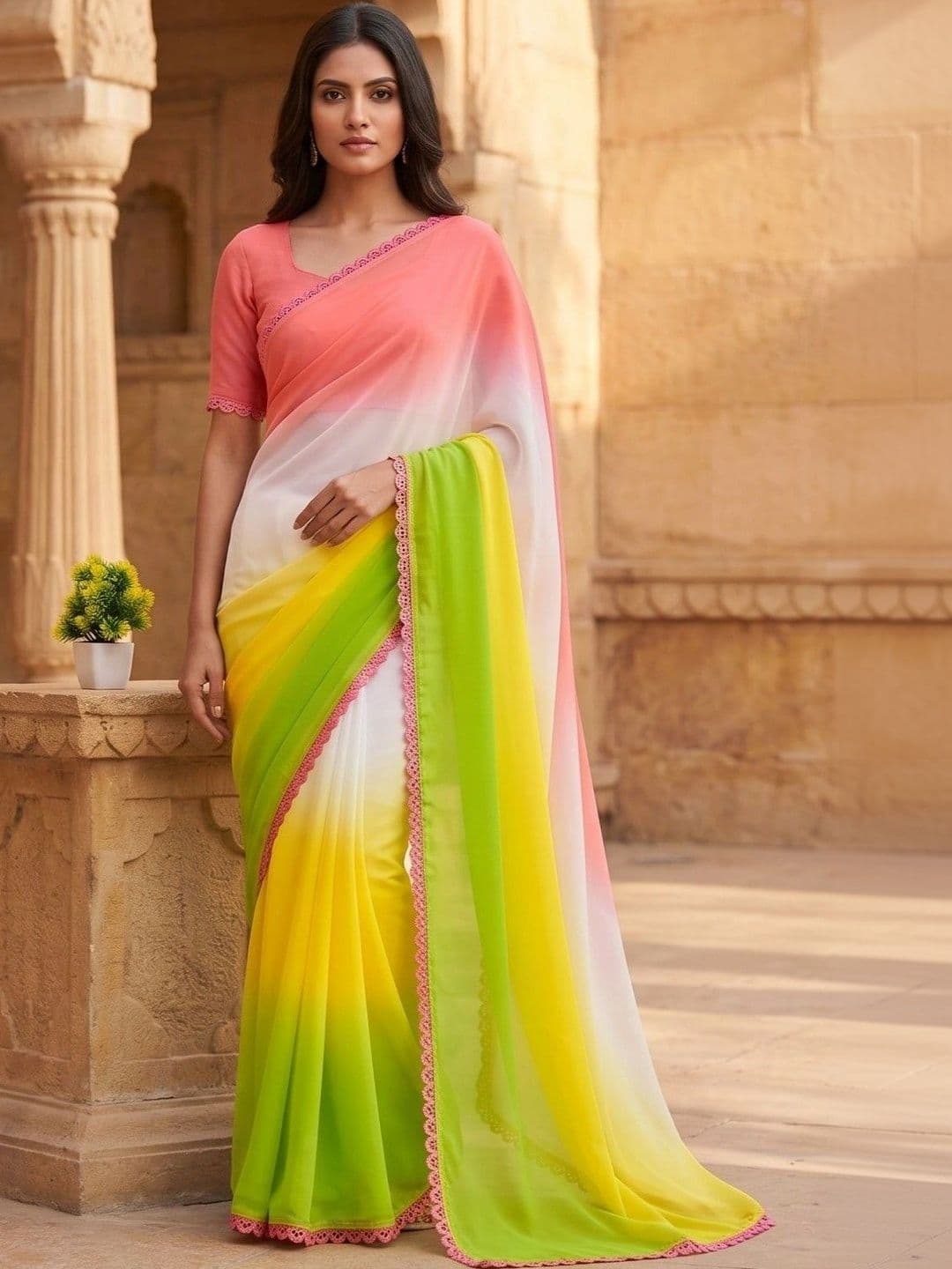 PRANU TRENDS Ombre Poly Georgette Saree - view 1