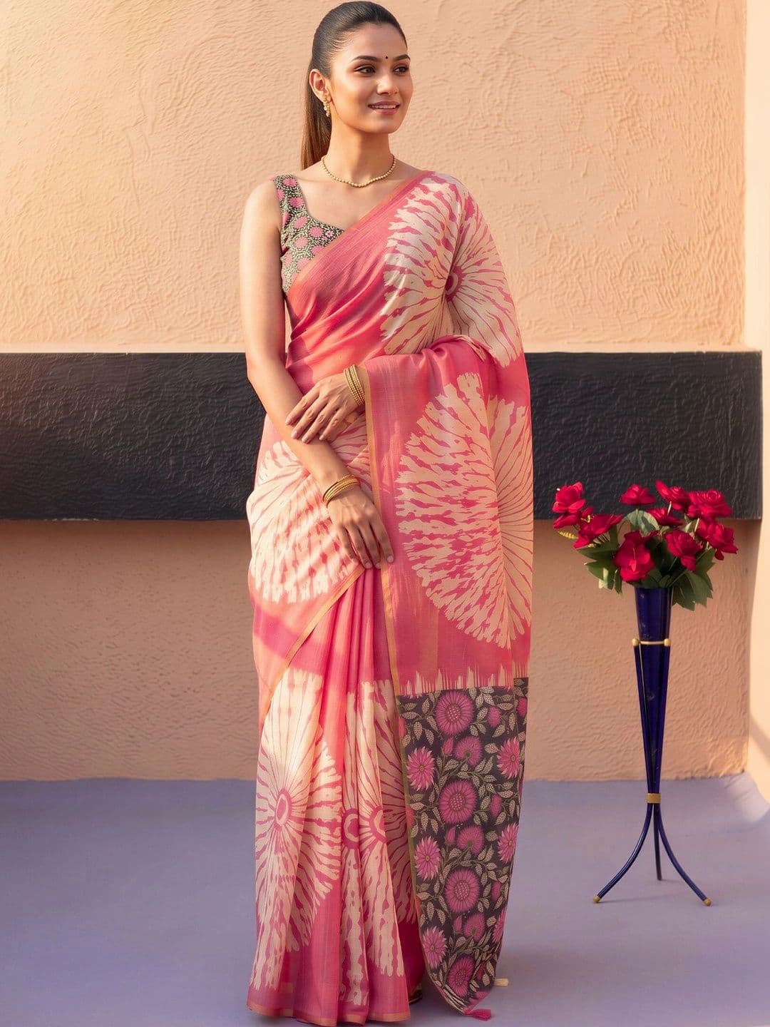 Sangria Tie and Dye Fusion Block Print Saree thumbnail 3