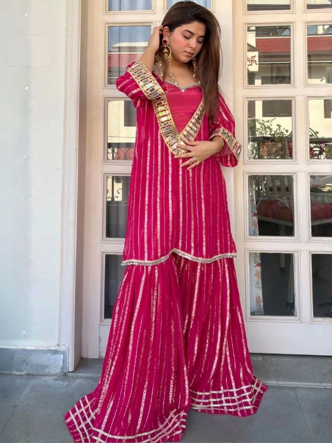 HERE&NOW Women Ethnic Motifs Regular Mirror Work Chanderi Silk Kurta with Sharara - view 1