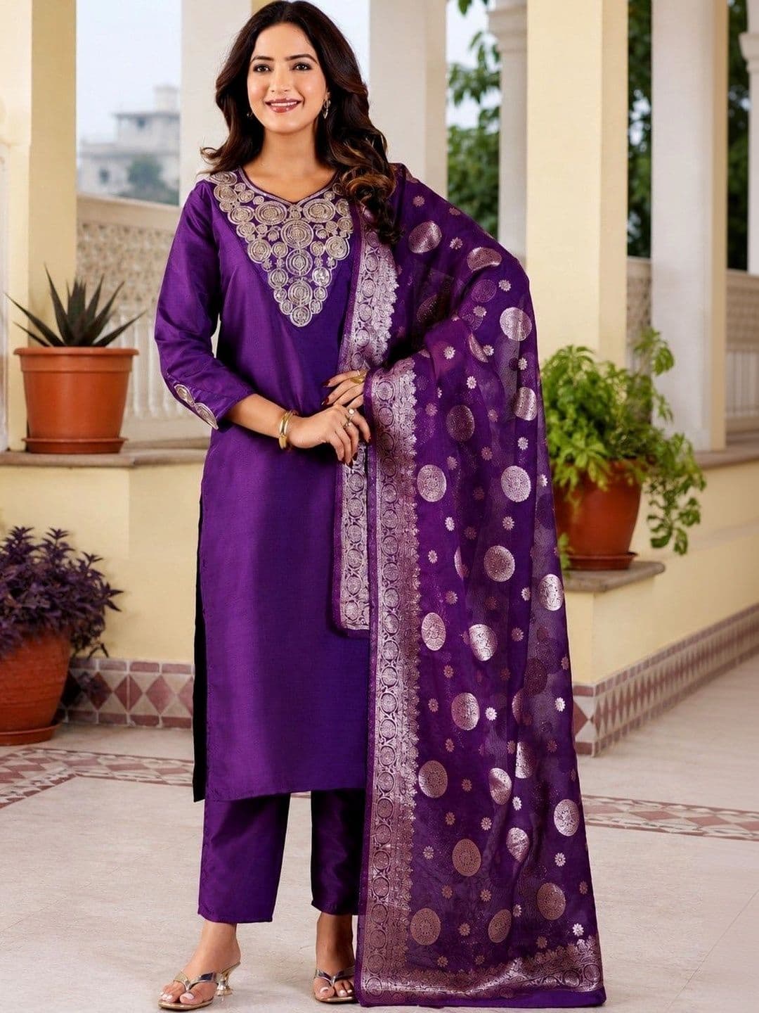 Chandbaali Women Ethnic Motifs Embroidered Regular Kurta with Trousers & With Dupatta - view 1