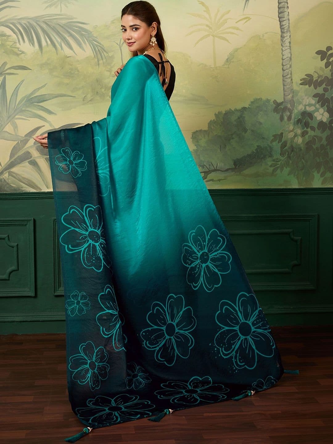 Nayanthara Trends Floral Satin Designer Saree thumbnail 5