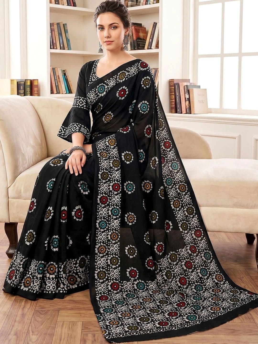VS MALL Women Batik Pure Cotton Block Print Saree thumbnail 5