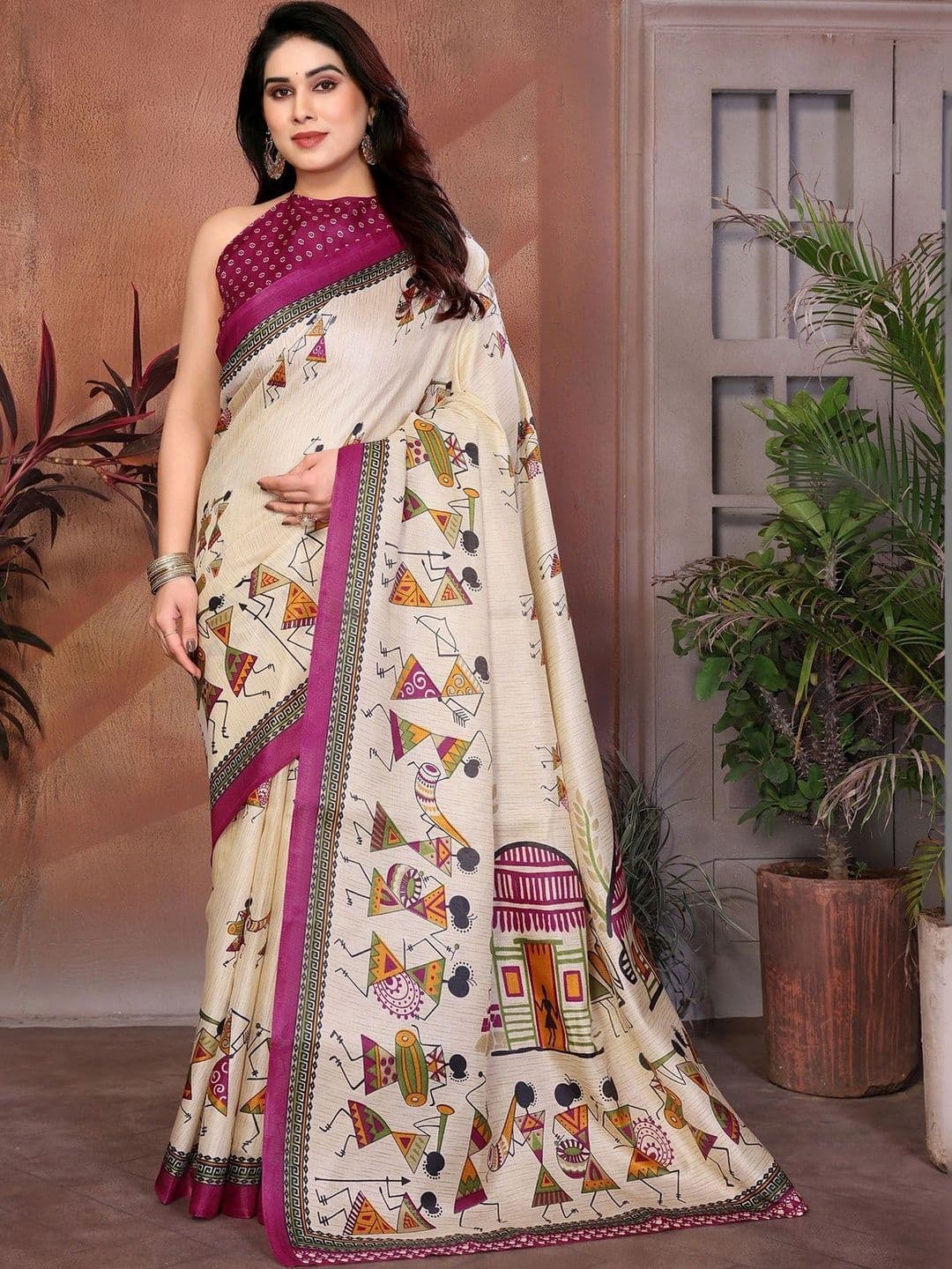 JANOI Warli Art Silk Fusion Saree thumbnail 3